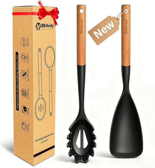 Silicone Cooking Spoon and Pasta Fork Set, 2 Pack Large Spatula Spoons Set with Wooden Handle, Nonstick Multifunction Spoon for Cooking, Serving, Mixing and Spaghetti (Black)