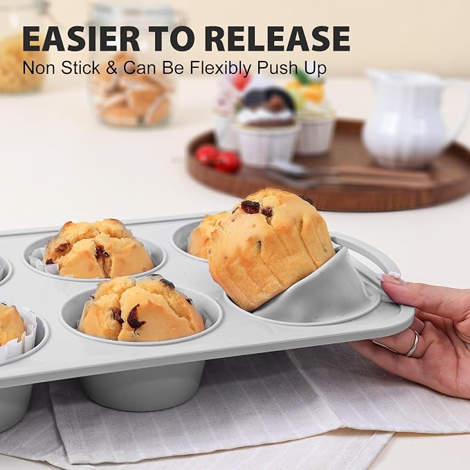 Jumbo Silicone Muffin Pan with Frame, Non Stick Large Cupcake Baking Tin | Silicone Cupcake Pan with Handles 6 Cup, BPA Free Silicon Muffin Tin Tray Extra Large for Baking Egg Bites Mold Light Grey