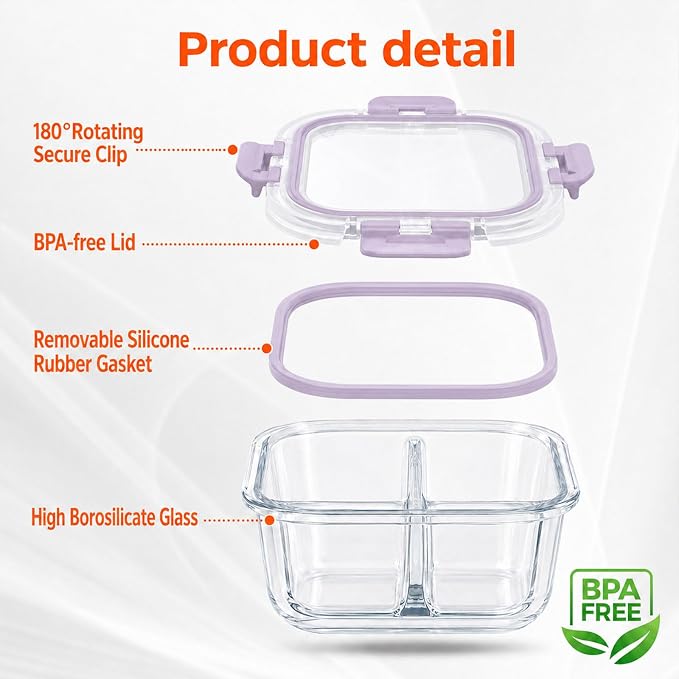 3 Pack Bariatric Meal Prep Containers, 8oz Glass Snack Containers | Glass Bariatric Portion Control Containers with Two 4 oz Compartments, Reusable Lunch Box Bento Box with Lids,Purple