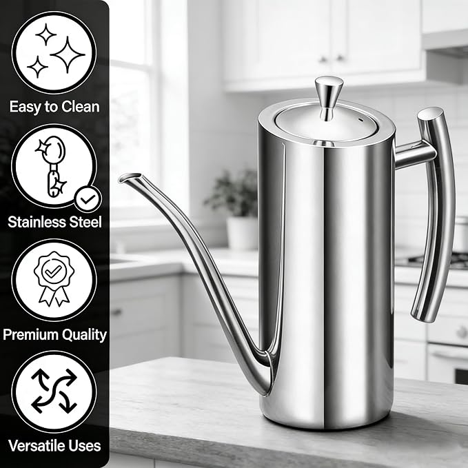 KSENDALO SUS304 24oz/700mL Stainless Steel Olive Oil Dispenser, Silver | Leakproof Oil Bottle, One-Piece Body, w/Long Spout Vertical Handle Kitchen Cruet for Precision Pouring
