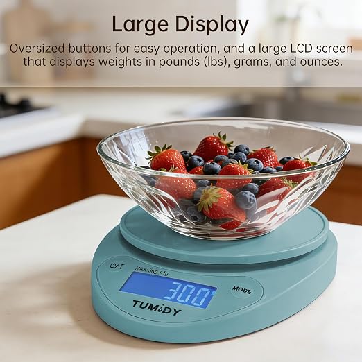Small Digital Kitchen Scale Food - 11lb/5kg Kitchen Weight Scale with LCD Display for Weight Loss, Sourdough Bread, Baking, Cooking, Keto and Meal Prep, 1g Precision, Batteries Included, Blue