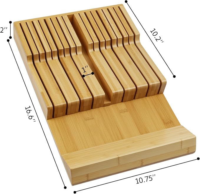 Bamboo Kitchen Drawer Knife Holder, In-drawer Knife Block, Knife Drawer Organizer fit for 16 knives and 1 steel sharpening