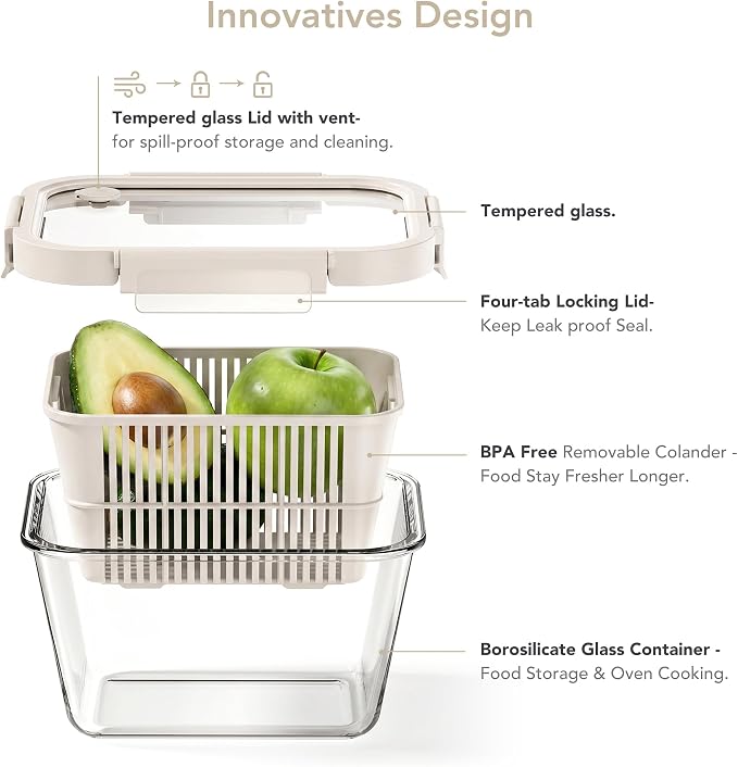Glass Fruit Storage Containers for Fridge, 2 Pack Produce Containers with Removable Colanders & Vent Glass Lids, Airtight Fruit & Vegetable Storage, BPA Free Borosilicate Glass