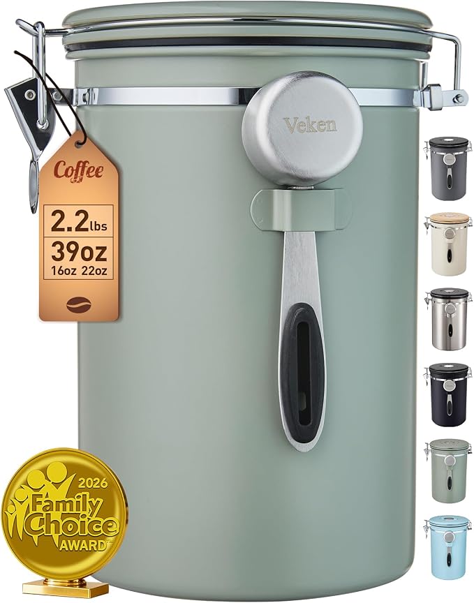 Veken Coffee Canister,39OZ, 2.2lbs,Large Airtight Stainless Steel Container | Kitchen Food Storage Jars for Beans,Ground, Espresso, Rice,Tea, Sugar, Cereal, Cookie, Gifts, Lids, Scoop, Green