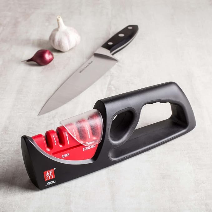 ZWILLING 4-Stage Pull Through Knife Sharpener | Manual Kitchen Sharpener with Coarse and Fine Ceramic Rods, Non-Slip Ergonomic Design for Western and Asian Knives