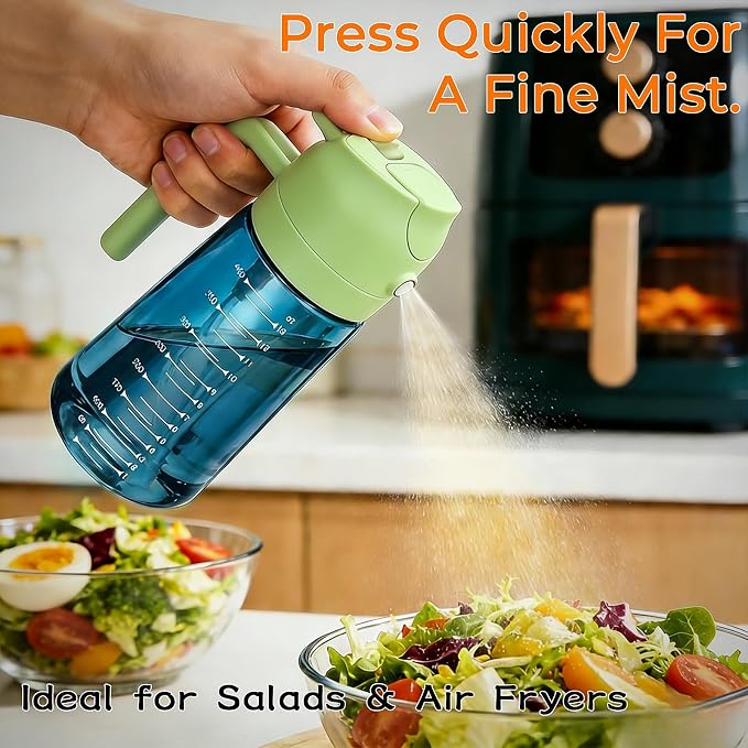 Glass Olive Oil Sprayer for Cooking (16oz/470ml), 2 in 1 Olive Oil Dispenser Bottle for Kitchen Gadgets and Air Fryer Accessories, Salad, BBQ - 1-Pack, Blue Green