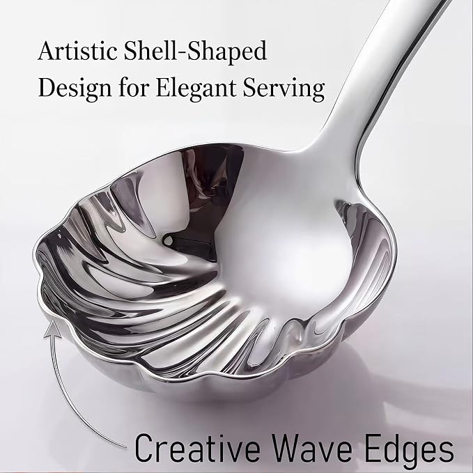 18/10 Stainless Steel Soup Ladle,9-Inch Artistic Shell-Shaped Serving Spoons with Creative Wave Edges,Mirror Polished Small Gravy Ladles for Sauces,Dressings and Party Service(Set of 2)(Silver)