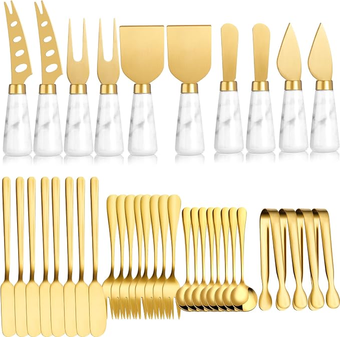 38 Pieces Gold Cheese Knife Set Marble Handle Butter Spatula Knives Cheese Spreader Cutter Cheese Shaver and Fork with Mini Serving Tongs Spoons and Fruit Forks for Charcuterie Board Accessories