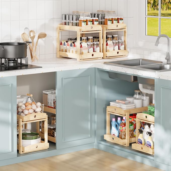2 Pack Bamboo Under Sink Organizer, 2-Tier Pull-Out Drawers, Kitchen & Bath | Pull-out drawers keep cleaners and tall bottles visible, organized and easy to reach in kitchen or bathroom cabinets