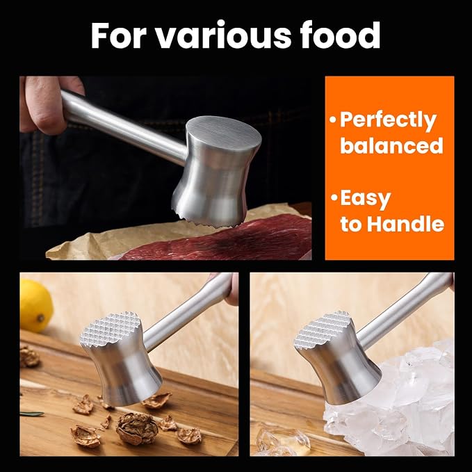 304 Stainless Steel Meat Tenderizer Mallet, Meat Hammer Dishwasher Safe with Storage Bag & Gift Box, Dual Sided Chicken Pounder for Steak, Beef, Poultry, Heavy Duty Kitchen Mallet