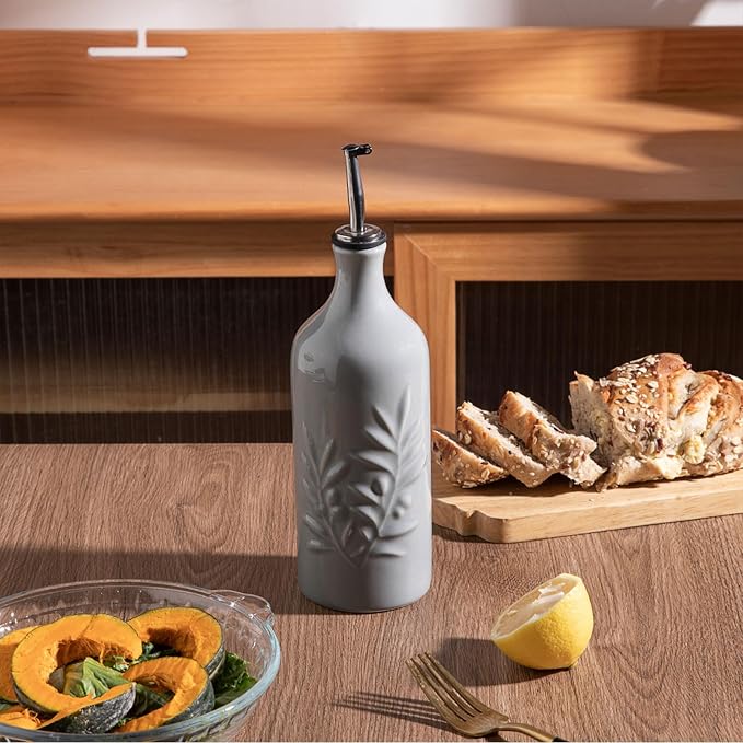 Sweejar Ceramic Olive Oil Dispenser Bottle, 20 Oz Relief Opaque Oil Cruet Protects Oil To Reduce Oxidation, Suitable for Storage Vinegar, Soy Sauce, Coffee Syrup, Liquids, Set of 1 (Dark Gray)