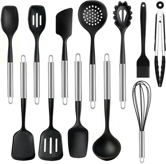 12PCS Silicone Kitchen Utensil Set, Stainless Steel Handled Cooking Tools | Spatula Turner Spoon Ladle Set | BPA Free | Heat Resistant & Non-Scratch for Nonstick Cookware | Dishwasher Safe | Black