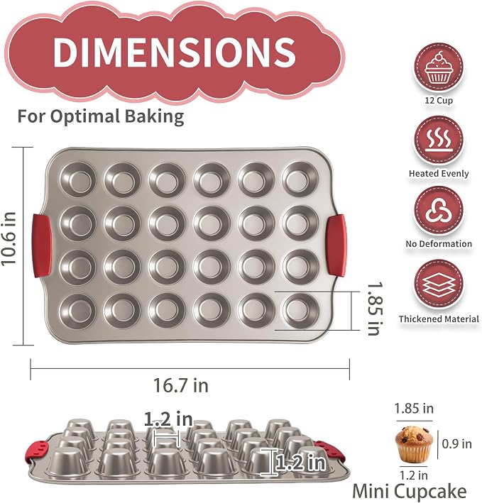 24 Cup Mini Cupcake Pan with Silicone Handles, Non-Stick Mini Muffin Pan, Baking Molds for Mini Cupcakes, Muffins, Quiches, Carbon Steel Mini Baking Pan, Dishwasher Safe (2 Pack)