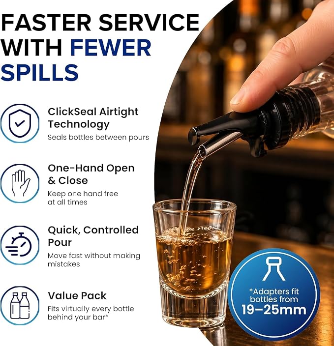3-in-1 Airtight Liquor Bottle Pourers & Olive Oil Spouts with Built-in Caps | BPA Free & Dishwasher Safe Alcohol Pour Spouts - Also for Olive Oil - Silver 2 Pack with 2 Adapters for Large Bottles
