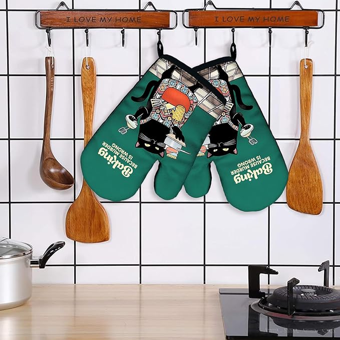Baking Because Murder is Wrong, Funny Silicone Non-Slip Oven Mitts Sets of 2, Retro Baking Mitts, Bake Lover Gift, Cat Lover Gift, Kitchen Gift for Cat Owner