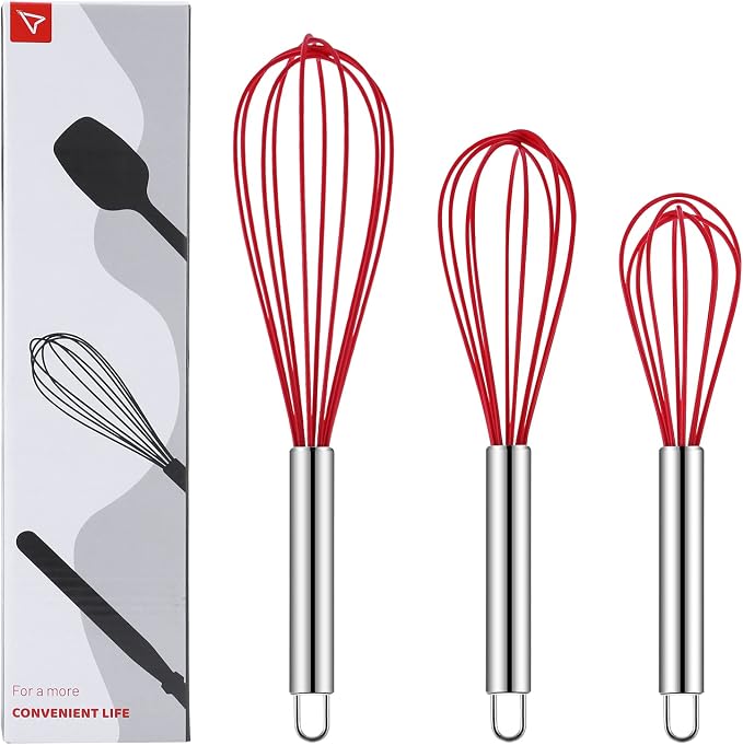 Silicone Whisk, Sturdy Color Balloon Line Whisk Set of 3 Pieces, Upgraded Kitchen Mixer, Stainless Steel Handle, Chef's Best Kitchen Tools for Cooking, Stirring, Mixing, Battering, Stirring