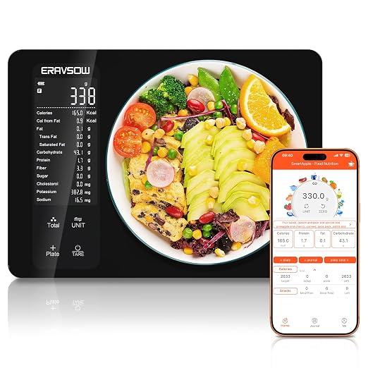 Smart Kitchen Food Scale, Nutrition App Tracks Calorie & Macros, 10kg/22lb | Powered by USDA Database; 30+ Nutrients in App; 12 Stats On-Screen; Visual Progress Charts; Dedicated Coffee Mode
