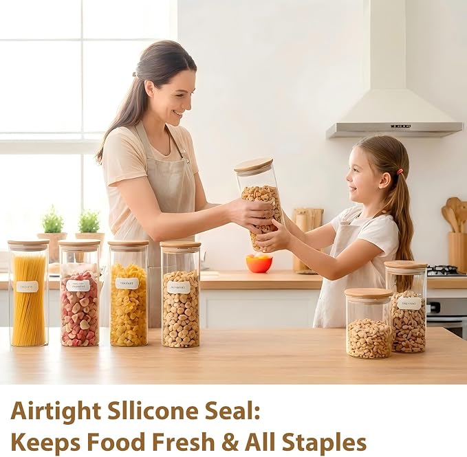 73oz Glass Spaghetti Pasta Containers for Pantry Organization, 3-Pack Large Airtight Food Jars with Bamboo Lids and Protective Silicone Base, Clear Storage Canisters for Flour, Cereal, Rice
