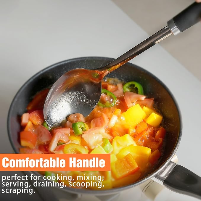 Black Stainless Steel Cooking Spoon, Solid Serving Spoon and Basting Spoon with Ergonomic Handle for Stirring, Mixing, Serving and Sauces, Dishwasher Safe