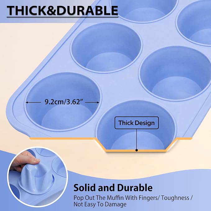 Jumbo Silicone Muffin Pan with Frame, Non Stick Large Cupcake Baking Tin | Silicone Cupcake Pan with Handles 6 Cup, BPA Free Silicon Muffin Tin Tray Extra Large for Baking Egg Bites Mold Vnray Blue