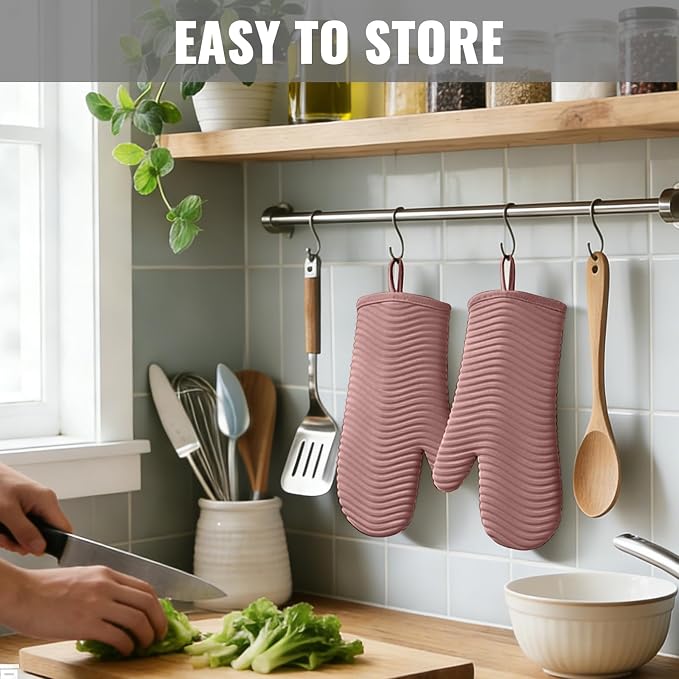 YUTAT Silicone Oven Mitts,Heat Resistant Oven Gloves with Soft Polyester Filling,Perfect for BBQ, Baking and Cooking,Pink,2 Pcs Set