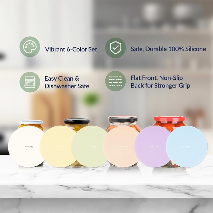 NiHome Silicone Jar Opener Gripper Pads, 6 In for Seniors, Light Candy,6 PC | Textured Back Pattern For Superior Grip, Food-Grade Silicone, Heat-Resistant Multi-Use Kitchen Pad For Jars, Pots, Spoons