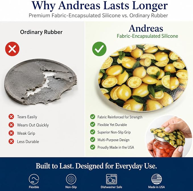 Andreas Silicone Jar Opener, Lemons – 6.25", Made in the USA, JO-922 | Non-Slip Lid Gripper & Garlic Peeler, Food and Dishwasher Safe, Multi-Use, Durable Silicone & Fabric