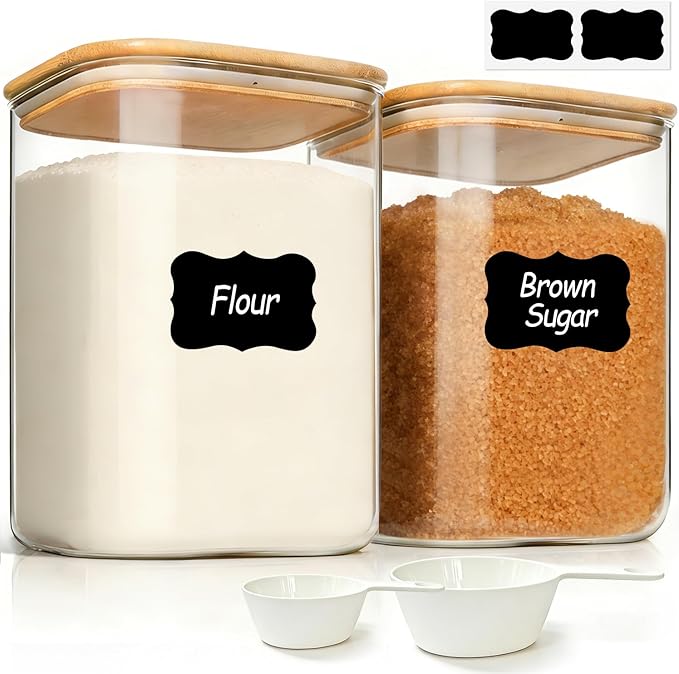 ComSaf Flour Sugar Storage Containers 4 Qt, Set of 2 Glass Flour Container | 1 Gallon Large Glass Storage Containers, 15cm Extra Wide Mouth Canisters, Easy Clean and Scoop, 4.4lb Flour Jar, BPA Free