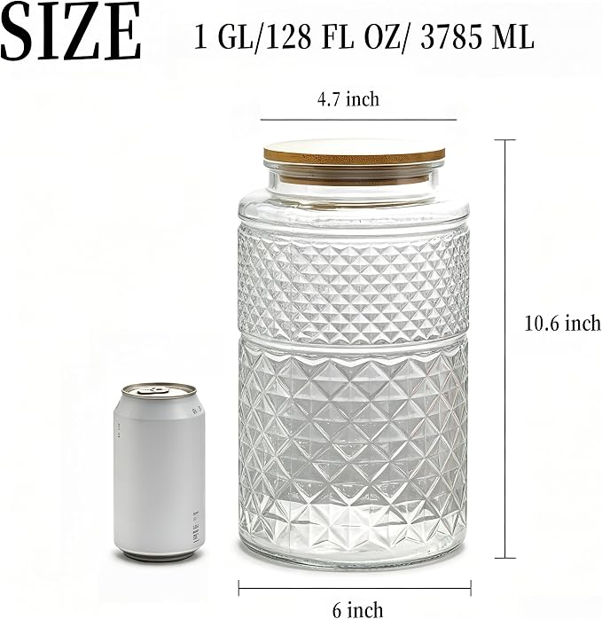 1 Gallon Large Vintage Glass Storage Jar with Airtight Bamboo Lid, Round | Kitchen Pantry Thick Glass Container for Flour Sugar Cookie Coffee Laundry Pods, Wide Mouth Opening and Airtight Bamboo lid