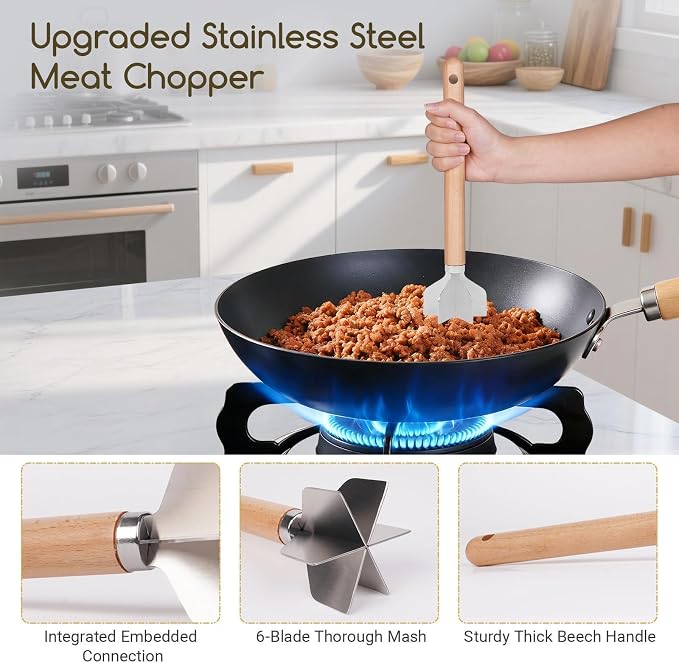 Meat Masher Stainless Steel Meat Chopper, 6-Blade Ground Beef Chopper Tool with 11" Wooden Handle for Hamburger,Turkey & Potato Masher (L, Wood Handle-1pc)