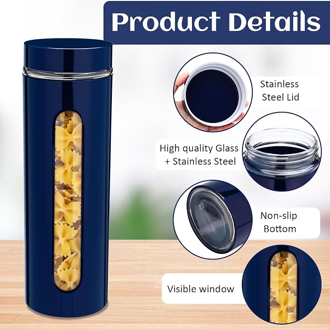 6 Pack Kitchen Canisters Set Airtight Coffee Sugar Tea Storage Jars with Window Glass Stainless Steel Containers with Lids for Flour Cookies Spices Grains Kitchen Decorations(Navy Blue,60 oz)