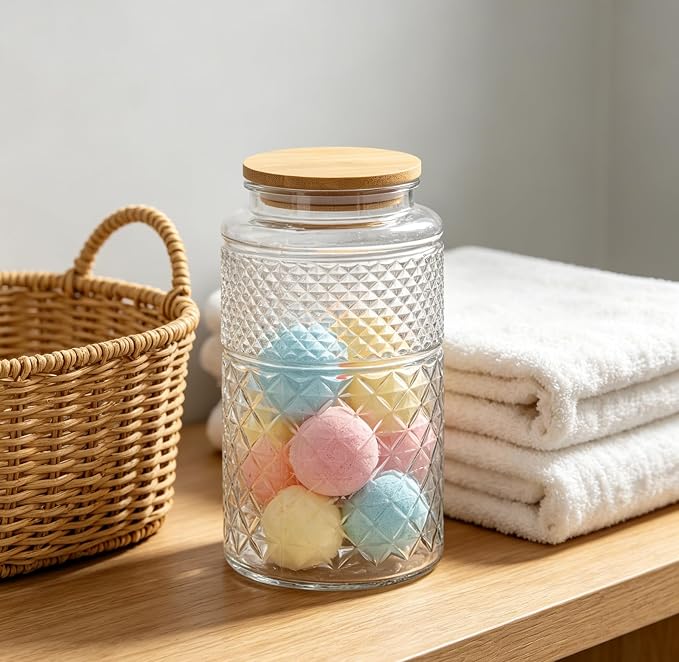 1 Gallon Large Vintage Glass Storage Jar with Airtight Bamboo Lid, Round | Kitchen Pantry Thick Glass Container for Flour Sugar Cookie Coffee Laundry Pods, Wide Mouth Opening and Airtight Bamboo lid