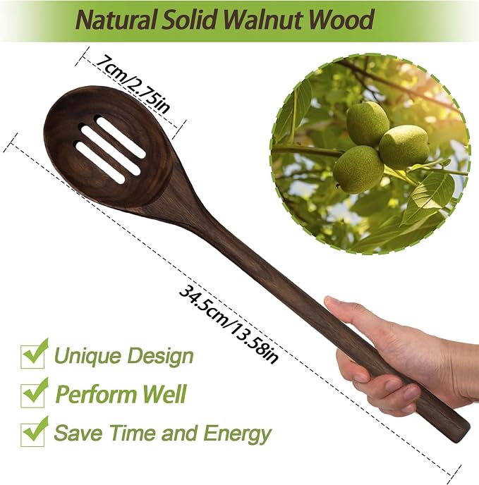 13.5" Walnut Wood Slotted Spoon, Wooden Cooking Utensil with Holes for Draining, Long Handle Kitchen Serving Spoon for Mixing Stirring, Non-Stick