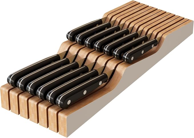 In-Drawer Knife Block Organizer - Bamboo Wood Drawer Knife Organizer-Protecting Knife Organizer Block (Not Included) (White, 13 Knives Dock)