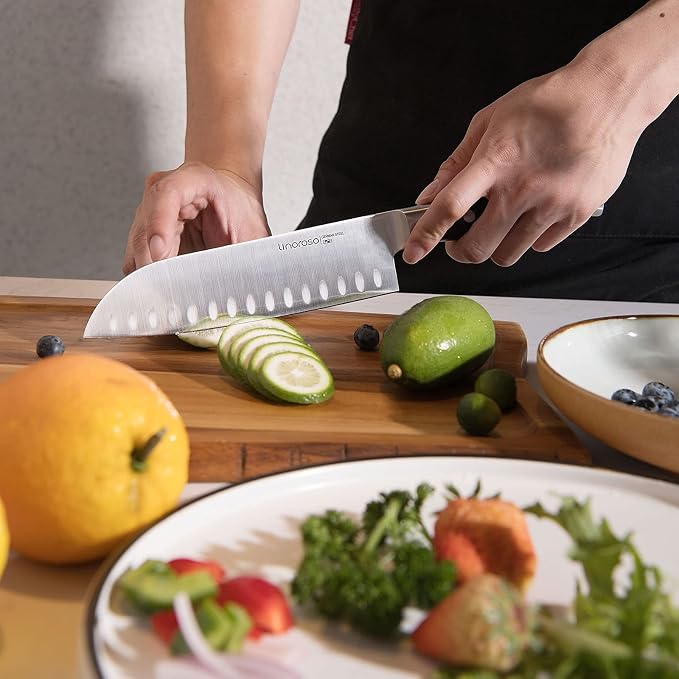 linoroso Santoku Knife 7 inch Meat Kitchen Asian Chef Knife, German High Carbon Stainless Steel Chopping Knife with Full Tang Ergonomic Handle for Home Kitchen and Restaurant