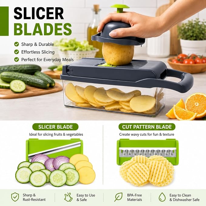 Vegetable Chopper, Onion Dicer & Mandoline Slicer with Container, Grey | Veggie Cutter with 8 Stainless Steel Blades & Drain Basket. Fast Food Chopper for Salad, Potato, Tomato, Cucumber & Carrot