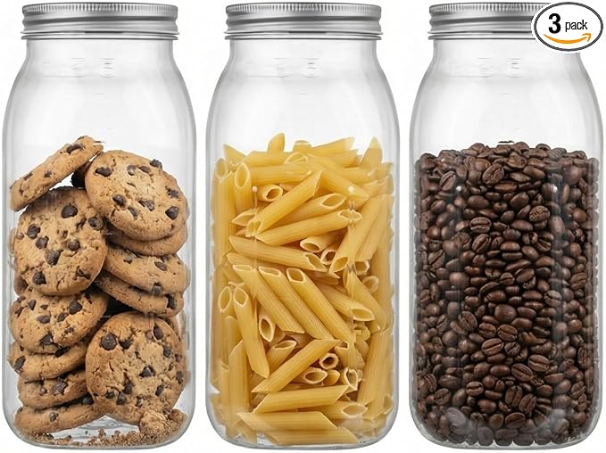 novelinks 64 oz Large Plastic Mason Jars with Airtight Lids Wide Mouth | 3 Pack, Silver, Storage Jars with Airtight Lids, Mason Jars 64oz, Big Jars Wide Mouth, Plastic Storage Containers for Pantry