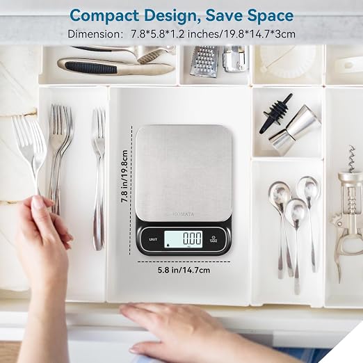 BOMATA Waterproof IPX6 Kitchen Scale, 0.1 g/0.01 oz High Precision, 5 kg/11 lbs, Digital Scale with Backlight, Stainless Steel Weighing Platform, for Food, Cooking, Baking, Weight Loss.. B619, Black