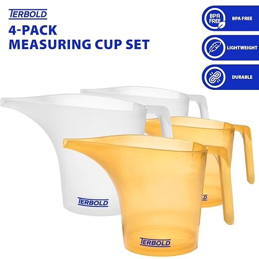 Funnel Pitcher with Spout 4pc Set | 1 Liter Plastic Measuring Pitchers for Cake, Pancake Dispenser, Soap Pouring or Oil Automotive use