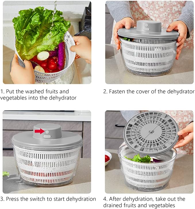 Vegetables Washer Dryer,4L Large Capacity Fruit Vegetable Strainer Spinner,USB Electric Salad Lettuce Spinner,Automatic Compact Salad Cleaner and Dryer for Home Kitchen(White)