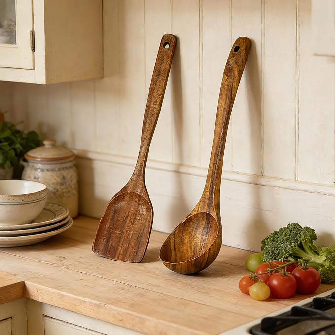 Wooden Ladle, Natural Acacia Wood Soup Spoons for Cooking, Serving, Stirring -12.9in Long, 2.5 oz Large Capacity- Premium Wooden Utensil Spoons for Mom, Wife Cooking Gifts