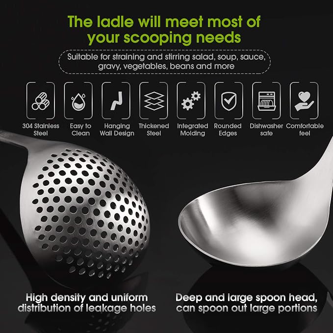 Patelai Hot Pot Slotted Ladle Set Stainless Steel Soup Ladle Strainer Scoops Cooking Skimmer Cookware Utensil for Hotpot Scooping Sauce Serving, 12 Inch(2 Pcs,Silver)