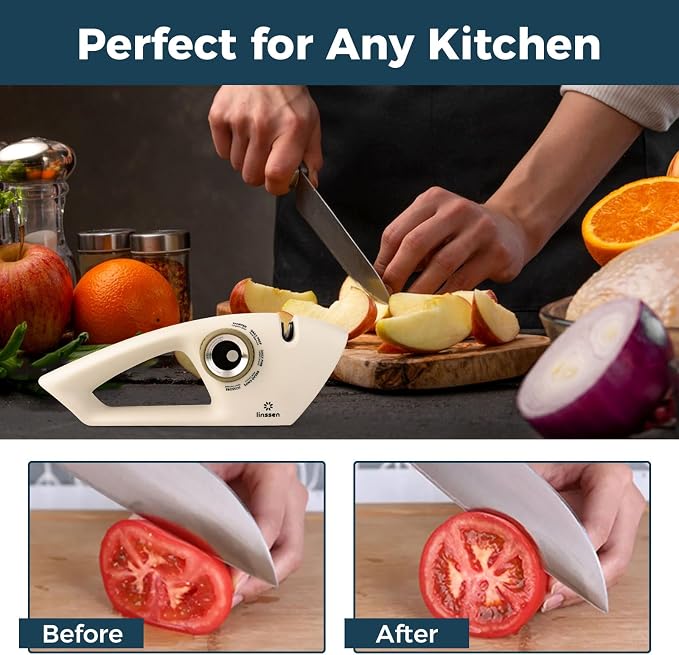 Knife Sharpener with Adjustable Knob, 5-Stage Handheld Premium Kitchen Knife Sharpener Tool, Diamond/Ceramic/Steel Sharpening Stone for Pocket Knives, Chefs & Serrated Knives, Scissors, White