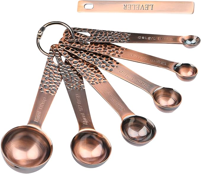 Copper Plated Measuring Cups and Spoons Set 14, Metrice & US Stainless Steel Measuring Cups and Spoons Set for Baking & Kitchen, 5 Measure Cups & 6 Measure Spoons & 1 Leveler & 2 Rings