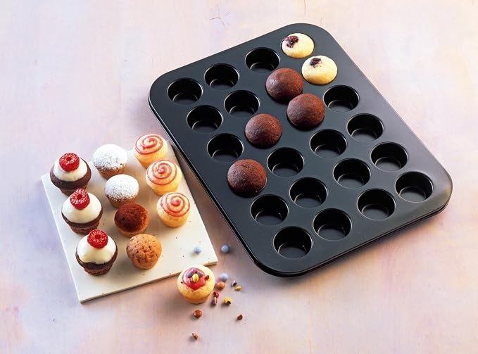 Everyday Baking Prochef Teflon Non-Stick Premium Coated 24 Mini Cup Muffin Tray - Length 38cm x Width 26cm Carbon Steel for Muffins or Cupcakes - Black