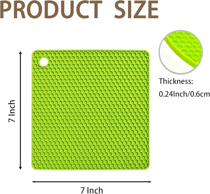 6-Pack Silicone Trivet Mats, Heat Resistant Hot Pads, Dishwasher Safe Kitchen Mats, BPA-Free Pot Holders for Table, Countertop, Stove, Honeycomb Design (Green, 7" Square)