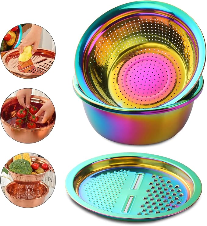 Meisha Colander, 3Pcs Stainless Steel Kitchen Tool 3 in 1 Drain Basket Fruit and Vegetable Cutter Strainer Bowl Set Drain Pot Basket Grater for Fruits Vegetables Rice Washing Mixing, - Iridescent