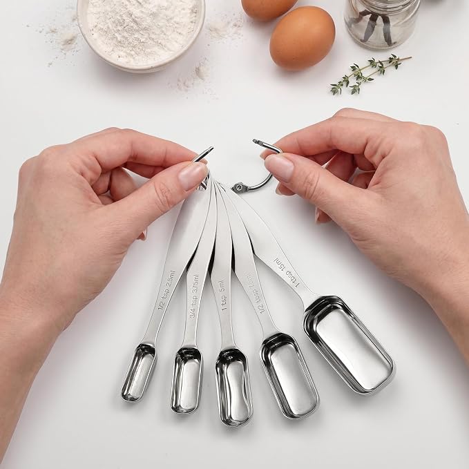FANGSUN Stainless Steel Measuring Cups and Spoons Set of 10, Stainless Steel Measuring Spoons with Long Handles & Engraved Measurements, Fits in Spice Jars, for Baking & Cooking