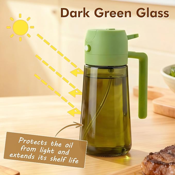 Poshetion 2 in 1 Olive Oil Sprayer for Cooking, 16oz Light-Proof Oil Dispenser for Kitchen, Leak-Proof Oil Spray Bottle for Air Fryer, Salad, BBQ, Baking, Grilling - Green