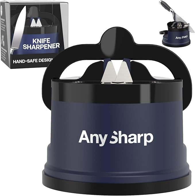 AnySharp – Editions – Hands Free Knife Sharpener - Easy to Use Sharpening Tool with PowerGrip Suction Base and 20-Degree Pre-Set Angle - for All Knives: Chef's, Serrated, and Hardened Steel - Navy